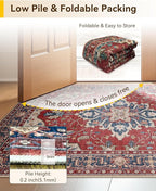 Area Rugs 8'x10' Washable Non-Slip, Floral Vintage Distress Print Pattern Medallion Carpet for Living Room Bedroom Dining Room, Red Blue