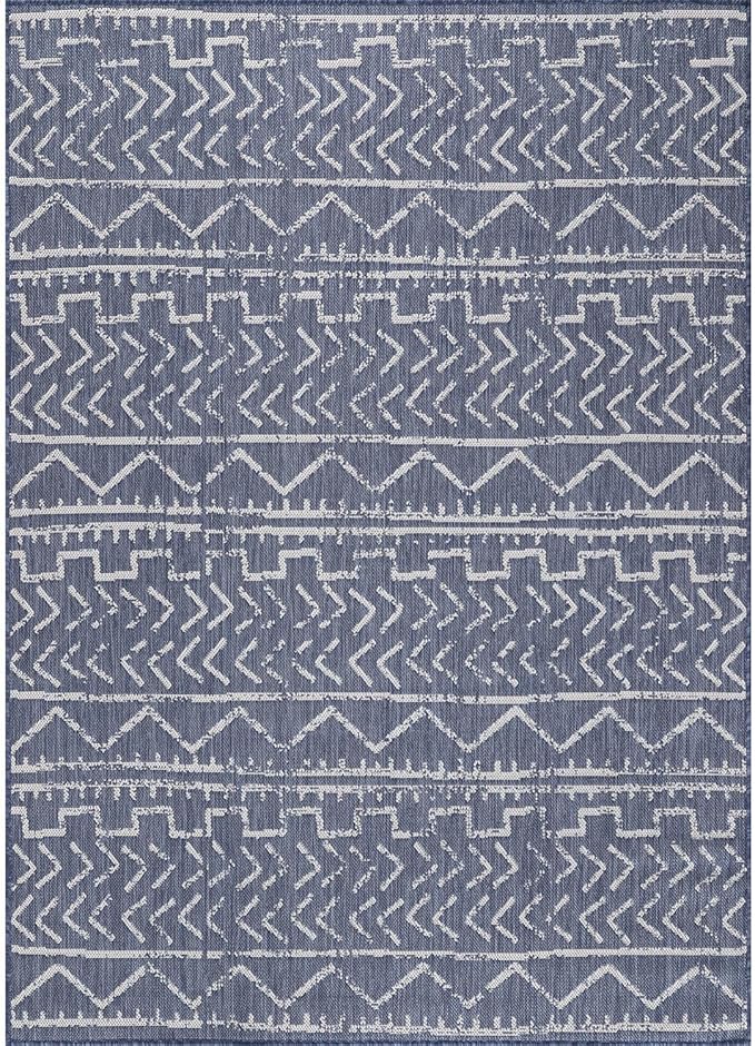 Beverly Rug Waikiki Indoor Outdoor Rug 6x9, Washable Outside Carpet for Patio, Deck, Porch, Trellis Area Rug, Water Resistant, Blue - White