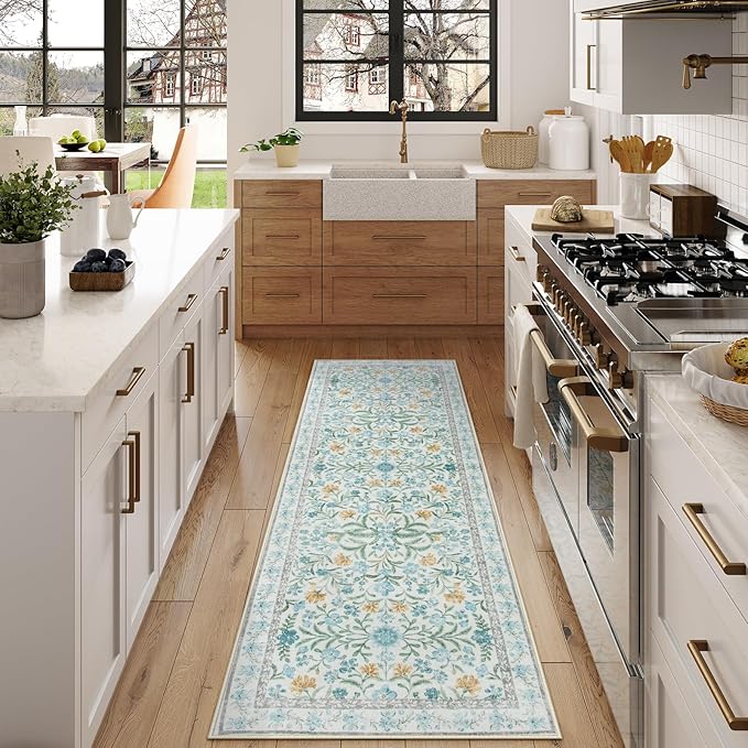 Lahome Light Blue Runner Rug 2x6, Boho Floral Runners for Kitchen Floor, Machine Washable Soft Thin Indoor Throw Carpet Runners for Hallway Bathroom Laundry 6ft, Blue