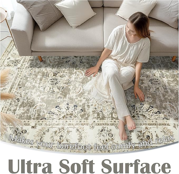 jinchan Fiora Hallway Runner Rug 3x8 Washable Runner - Vintage Floral Non Slip Low-Pile Soft Thin Faux Wool Kitchen Rug Distressed Carpet for Farmhouse Bedroom Laundry Room(3x8ft, Taupe)