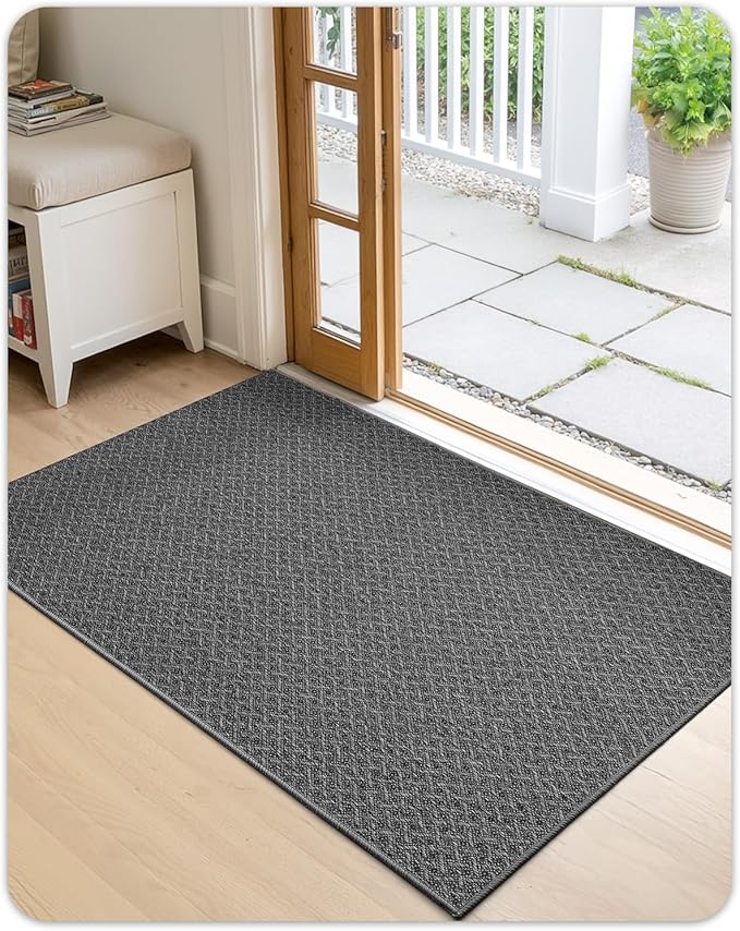 Color&Geometry Small Ultra Thin Indoor Door Mat Non Slip Rubber Backed Dirt Trapper 17"x30"(Rolled-up NO Creases), Rugs for Entryway, Front Door Mat Indoor Washable Low-Profile Entry Mat, Grey