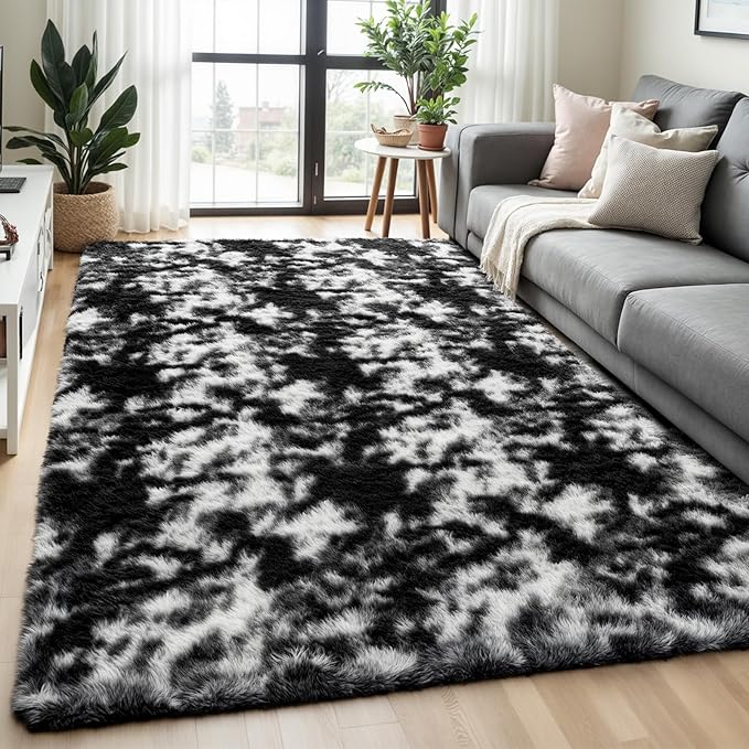 Zentavio Black and White Area Rugs for Living Room Large Rugs for Bedroom 5x8 Soft Carpet Fluffy Furry Shag Aesthetic Plush High Pile Gray Throw Rug for Nursery Kids Room Dorm Tie-Dyed