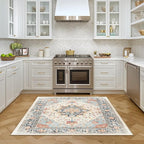 Area Rugs Square 4ft Washable Non-Slip, Floral Vintage Distress Print Pattern Medallion Carpet for Living Room Bedroom Dining Room, Beige Navy Blue Orange Colorful