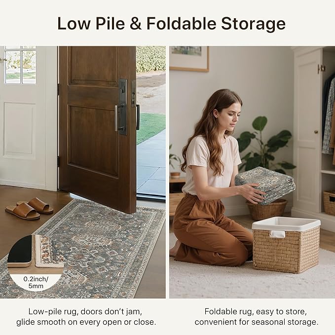 Bavni Washable Runner Rug 2x5, Non Slip Vintage Hallway Runner, Ultra Thin Low Pile Washable Carpet for Kitchen Entryway Bedroom, Grey
