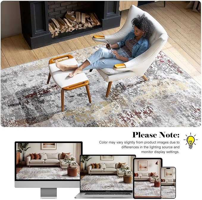 Washable Abstract Rug, 5x7 Modern Area Rugs with Non-Slip Rubber Backed for Living Room, Thin but Soft Contemporary Carpet Kitchen Bedroom Dining Room Decor, Rusty Brown