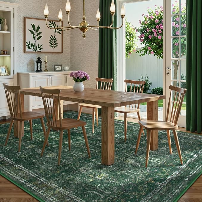 Moynesa Green 8x10 Living Room Rug, Vintage Washable Area Rug for Bedroom Dining Room Office, Low Pile Soft Non-Slip Retro Accent Carpets for Kitchen Indoor Nursery