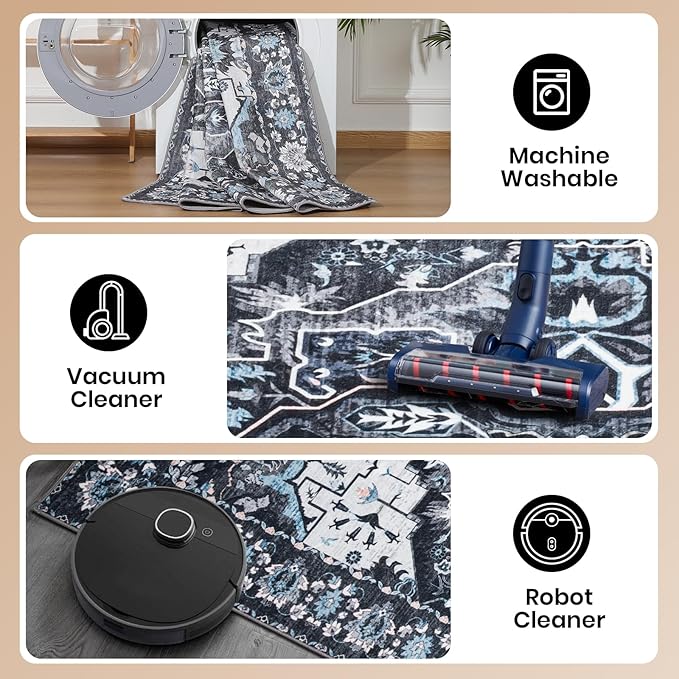 4x6 Washable Rug – Boho Non-Slip Indoor Area Rug for Living Room, Bedroom, Dining Room, Entryway – Black and Ivory with Ice Blue Accents
