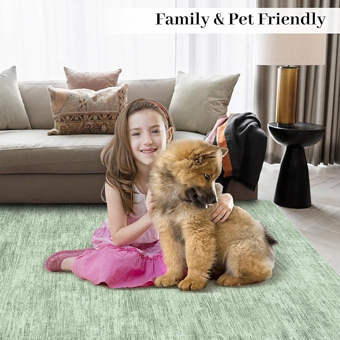 Garvee Modern Washable Rugs 8x10 Area Rug for Living Room, Non Slip Non Shedding Solid Color Floor Cover Stain Resistant Low Pile Carpet Foldable Thin Mats for Bedroom, Dining Room, Nursery, Green