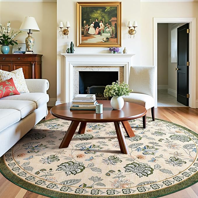 jinchan Elora 8ft Floral Round Rug for Dining Room Washable Living Room Rug Vintage Romance Design Non Slip Indoor Floor Cover Lightweight Low-Profile Throw Carpet for Bedroom Porch Patio, Green/Beige