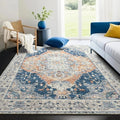 Area Rugs 5x7, Low Pile Washable Rugs, Soft Vintage Distressed Rugs for Bedroom, Living Room, Dining Room, Water Repellent, Non Shedding, Blue and Orange