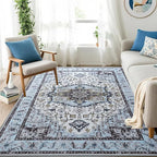 Washable Area Rug 3x5 , Low Pile Super Soft Carpet, Vitnage Distressed Rug for Bedroom, Living Room, Dining Room, Non-Slip, Low Pile, Blue