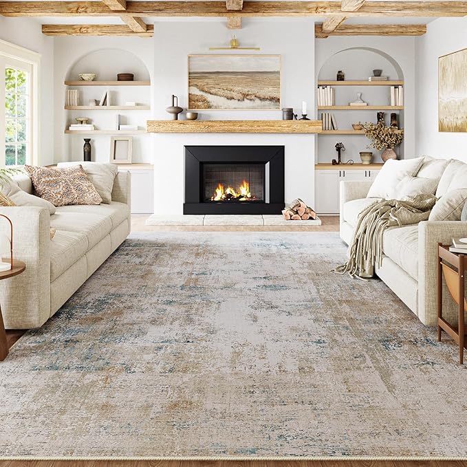 12x15 Area Rug Beige Blue Abstract Living Room Bedroom Washable Carpet Neutral Modern Non Slip Soft Low Pile Large Throw Rug for Dining Room Kitchen Office