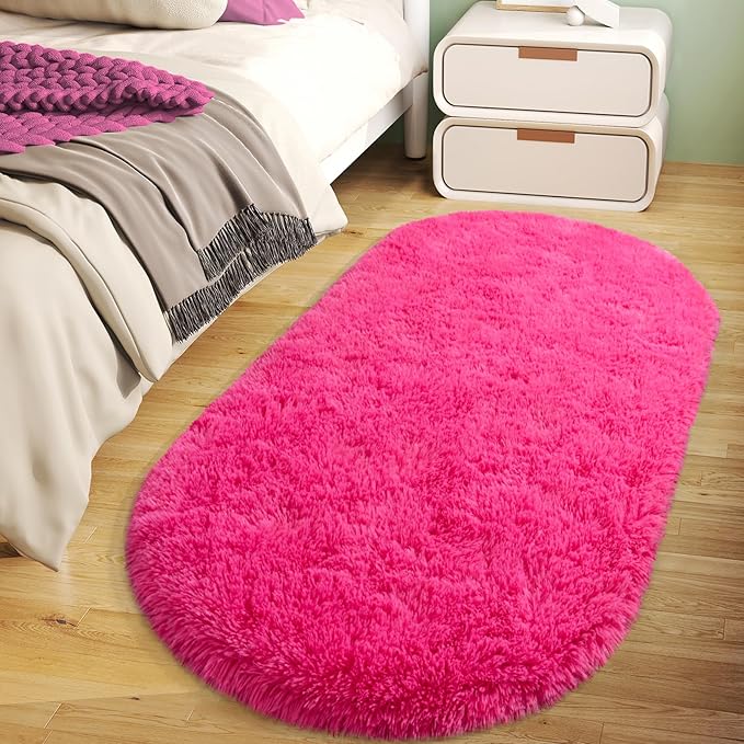Soft Fluffy Area Rug for Bedroom, Hot Pink Fuzzy Shaggy Oval Throw Rugs for Bedside, Non-Slip Cozy Plush Shag Carpet for Girls Kids Room Nursery Dorm Living Room, 2.6 x 5.3 Feet