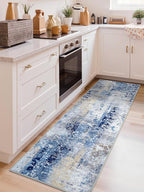 Washable Abstract Runner Rug, 2x6 Modern Area Rugs with Non-Slip Rubber Backed for Kitchen, Thin but Soft Contemporary Carpet Bedroom Entryway Hallway Decor, Midnight Blue