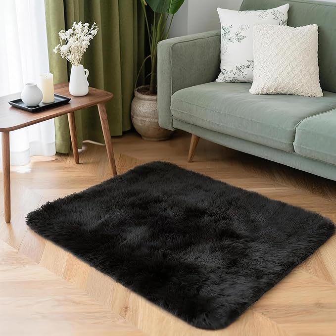 2x3 Solid Fluffy Black Area Rug – Washable, Durable, Small Bedroom Rug, Non-Slip High Pile Shag Rugs for Living Room, Bedroom, Bedside, Dorms,Grils Rooms, Kids Room, Soft Indoor Floor Carpet