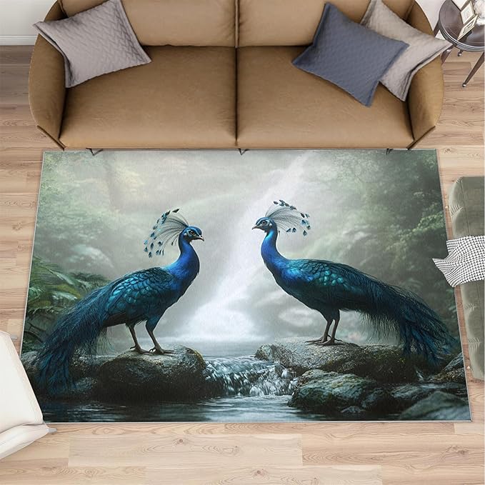 Peacock Rug 3x5-3x5 Rug, Peacock Couples Area Rugs for Bedroom, Nature Waterfall Rugs for Living Room, Animal Bird Washable Mat, Teal Turquoise Carpet - Peafowl Home Decor & Gifts