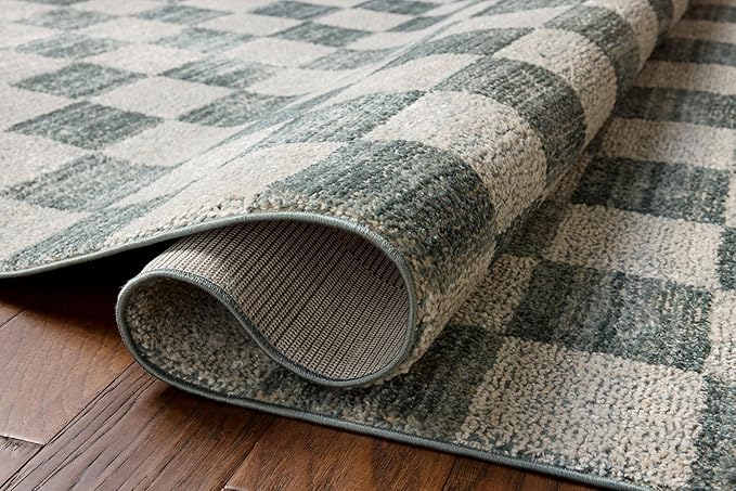 Loloi Chris Loves Julia Calvin Collection CLV-01 Blue/Ivory 3'-6" x 5'-6" Accent Rug Checkered Neutral Soft Living Room Bedroom Carpet
