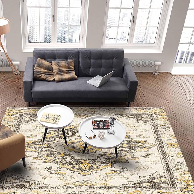 Bohemian Pattern Rectangular Area Rugs for Living Room Bedroom 3 x 5 ft Brown & Yellow Abstract Non-Shedding Soft Low Pile Rug Non Slip Washable Rug for Nursery Entryway Playroom