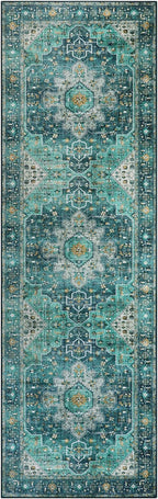 Moynesa Ultra-Thin Washable Vintage Runner Rug - 2'6"x8 Boho Hallway Kitchen Runner Oriental Medallion Bedside Mat Non-Slip Non-Shedding Indoor Throw Carpet for Laundry Entrance, Teal/Mutil