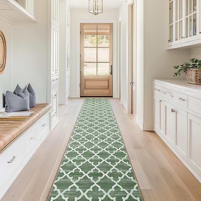 Area Rug 2x10, Moroccan Trellis Print Carpet, Machine Washable Non-Slip Rugs for Living Room, Bedroom, Dining Room & Entryway, Green