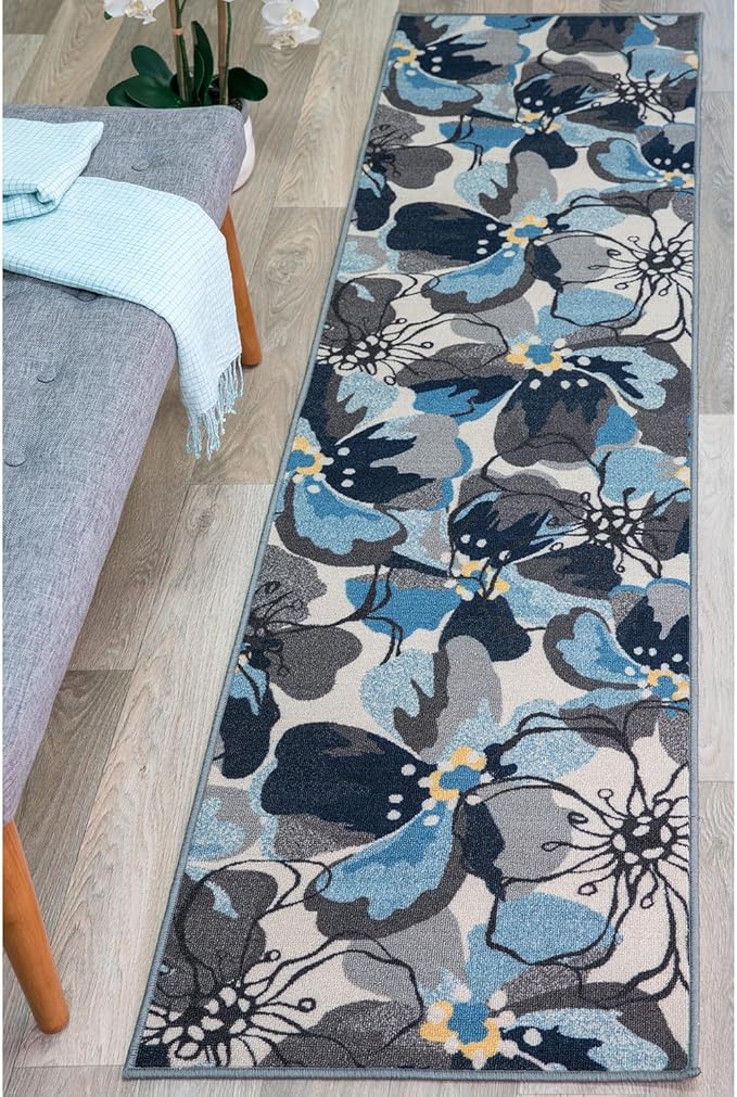 Rugshop Modern Large Floral Non-Slip (Non-Skid) Runner Rug 2' x 10' Gray-Blue