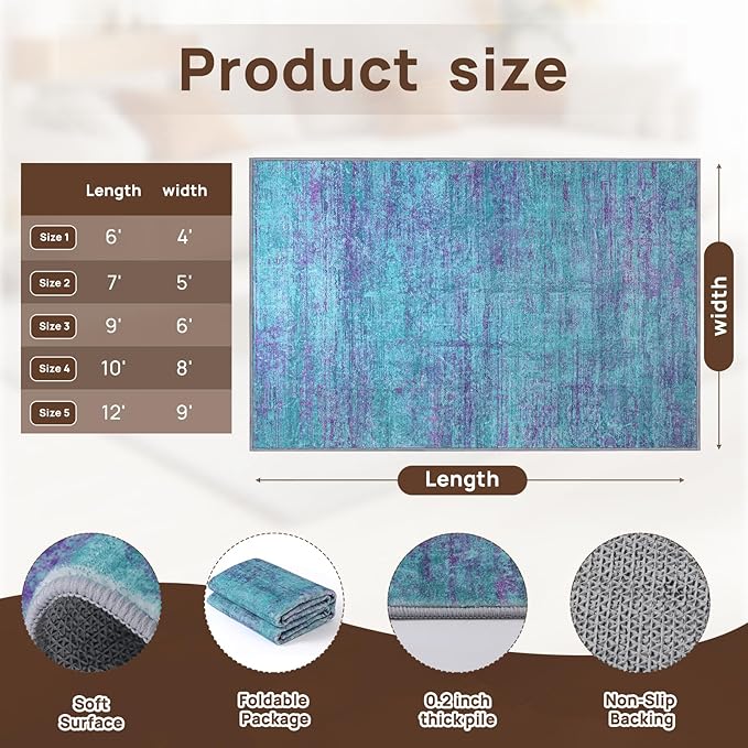 6x8 Area Rugs, Modern Abstract Teal Purple Washable Rug for Living Room, Soft Large Non-Slip Carpet for Bedroom Dining Room Home Office Farmhouse Decor - Teal+Purple