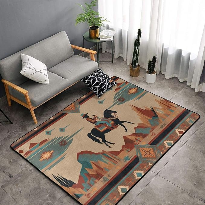Horse Western Boho Ethnic Style Area Rug Washable Outdoor Rugs Anti-Slip Soft Carpet Entryway Indoor Door Mat for Bedroom,Living Room,Porch,Terrace and Entrance Decor 3'x 2'