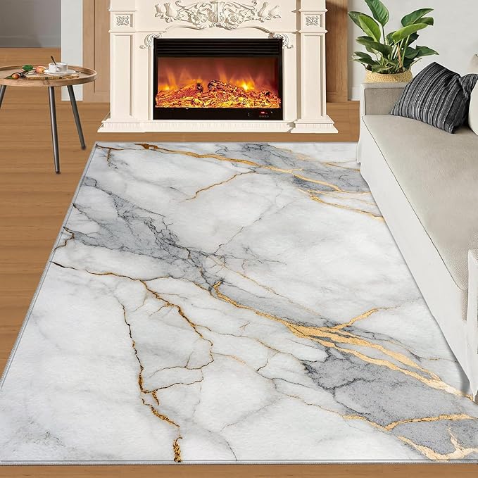 3x6 Abstract Marble Bedroom Rug Under Bed - White-Marble Kids Room Rugs, Modern Luxury Bedroom Runner Rug Soft Washable for Living Room Kitchen