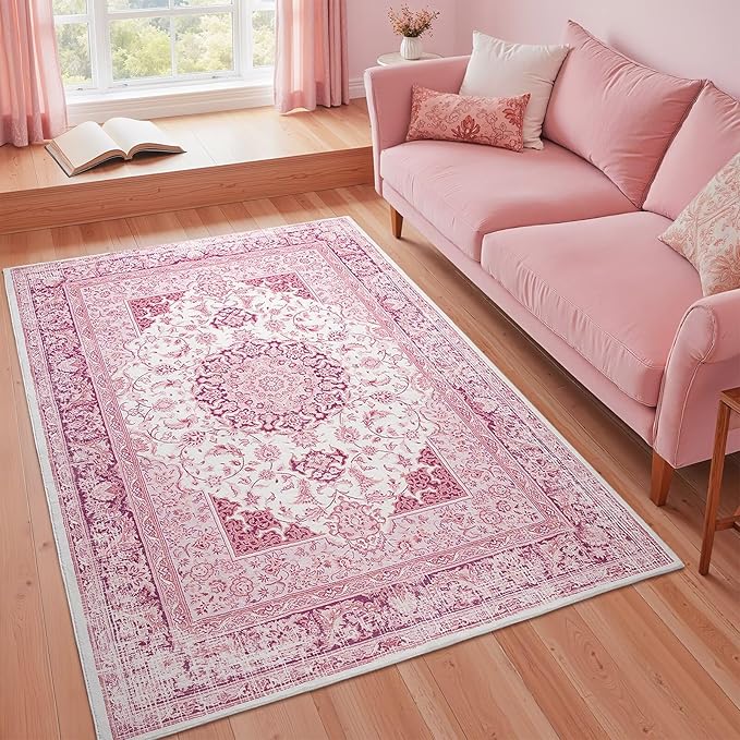 Bright Pink Area Rug for Girls Bedroom, 3x5 Soft Washable Rugs with Non-Slip Backing for Living Room, Cute Vintage Carpet for Kitchen Laundry Kids Room Decor