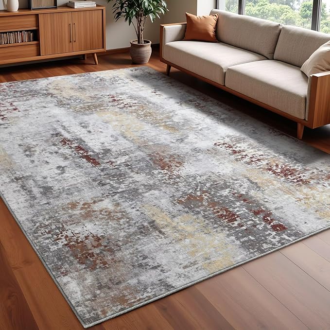 Washable Abstract Rug, 4x6 Modern Area Rugs with Non-Slip Rubber Backed for Living Room, Thin but Soft Contemporary Carpet Kitchen Bedroom Decor, Rusty Brown
