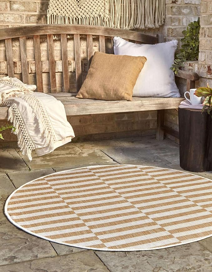 Unique Loom Outdoor Striped Collection Area Rug - Striped (10' Round Taupe/Ivory)