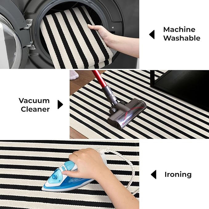 KOZYFLY Black and Beige Striped Porch Rug 2x4.3 Ft Washable Outdoor Rug Farmhouse Outdoor Doormats Front Door Striped Runner Rug for Front Door Kitchen Hallway Bedroom Laundry Room