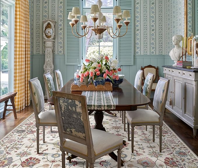 Area Rugs 10x14 Living Room - Large Washable Cream Boho Rugs for Bedroom Soft Vintage Rug Ultra-Thin Colorful Traditional Floral Carpet Bohemian Rug for Dining Room Guest Room Home Decor