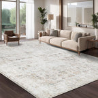 Washable 10×14 Area Rug for Living Room, Vintage Floral Rug Soft Non Slip Stain Resistant Boho Carpet for Indoor Bedroom Dinning Room Home Office Beige