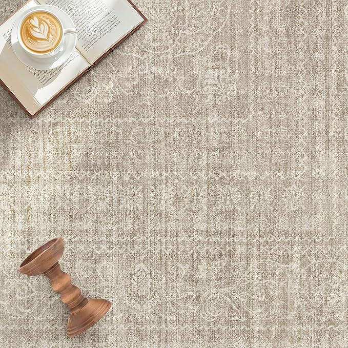5x7 Area Rugs Living Room: Washable Large Vintage Rug Neutral Non-Slip Soft Stain Resistant Indoor Carpet for Bedroom Nursery Dining Room Under Table Bed Home House Office Playroom - Brown