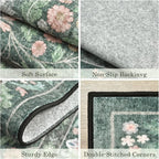 Green Floral 5x7 Area Rugs for Living Room Large Washable Rug Vintage Forest Low Pile Non Slip Stain Resistance Soft Carpet for Dining Room, Bedroom, Office Rug, Kids Room, Nursery Room, Playroom