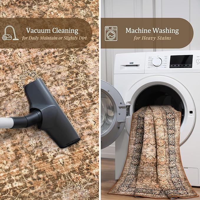 Morebes Washable Living Room Rug 5x7, Vintage Room Rugs for Bedroom Non-Slip, Soft Low-Pile Non-Shedding Dark Brown Rug Indoor Floral Print Throw Carpet for Bedside Farmhouse Dining Room