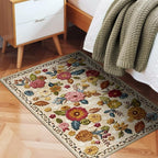 2x3 Machine Washable Area Rug for Entryway, Beige Vintage Boho Floral Rug Non-Slip Low Pile Soft Faux Wool Small Carpet, Kids and Pets Friendly for Bedroom Kitchen Hallway Bedside Home Decor Rug