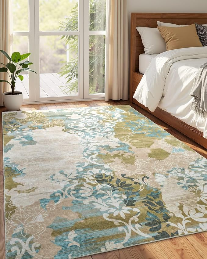 Washable Abstract Rug, 4x6 Willow Green and Blue Floral Area Rugs with Non-Slip Rubber Backed for Bedroom, Low Pile Modern Throw Carpet Kitchen Living Room Decor