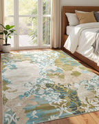 Washable Abstract Rug, 9x12 Willow Green and Blue Floral Area Rugs with Non-Slip Rubber Backed for Living Room, Low Pile Modern Throw Carpet Bedroom Dining Room Decor