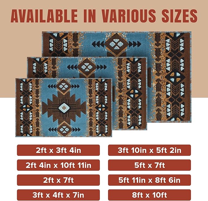 YHSF South West Native American Area Rug C318 - Easy Clean, Thick, Soft, Durable Native Tribal American Indian Inspired Rug for Bedroom/Living Room and More - Blue-Brown, 5 ft 11 in x 8 ft 6 in