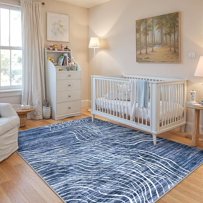 LIVEBOX Modern Abstract 5x7 Area Rugs for Living Room, Navy Blue Washable Rugs for Bedroom, Non-Slip Minimalist Neutral Wave Striped Rugs for Playroom Nursery Boys, Throw Rug Carpet for Dining Room