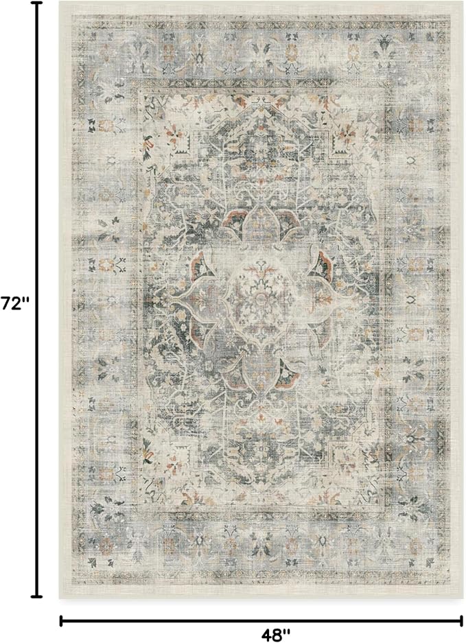 RUGGABLE Washable Vintage Area Rug – Sarrah Sage 4x6, Stain-Resistant, Non-Slip – Medium Machine Washable Rugs for Living Room, Bedroom, Hallway, Entryway & Office–with Cushioned Pad