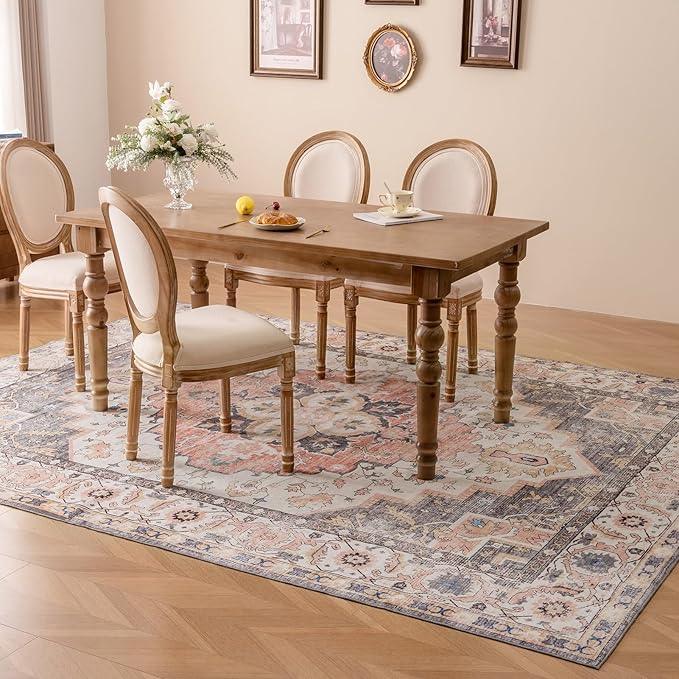 VK VK·LIVING Machine Washable Rug 5'x7' Vintage Design Washable Area Rugs with Non Slip Rugs for Living Room Bedroom Traditional Woven Carpet Stain Resistant, Dining Office Boho Rug (Mistyrose)