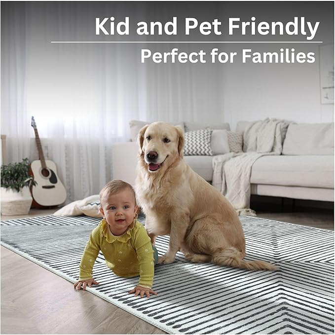 Bloom Rugs Washable Non-Slip 5' x 7' Rug - Black/Ivory Striped Area Rug for Living Room, Bedroom, Dining Room, and Kitchen - Exact Size: 5' x 7'