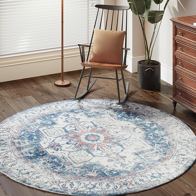 jinchan Kelda Round Rug 6ft Washable Area Rug Indoor Vintage Bedroom Floor Cover Distressed Circle Mat 6' Round Lightweight Non Slip Low Pile Thin Farmhouse Carpet for Living Room Navy Blue