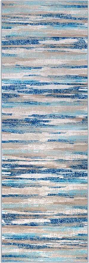 Modern Abstract Runner Rug 2x10, Blue Washable Long Kitchen Non-Slip Soft Hallway Thin Print Faux Wool Carpet for Entryway Bedroom Laundry Room Indoor Home Decor