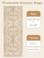 SERISSA Boho Washable Runner Rug, 2'6"x8' Rug Runner Non-Slip Vintage Light Yellow Hallway Kitchen Runner Rug Ultra Soft Print Distressed Floor Carpet Runner for Bedroom Bathroom Laundry Room