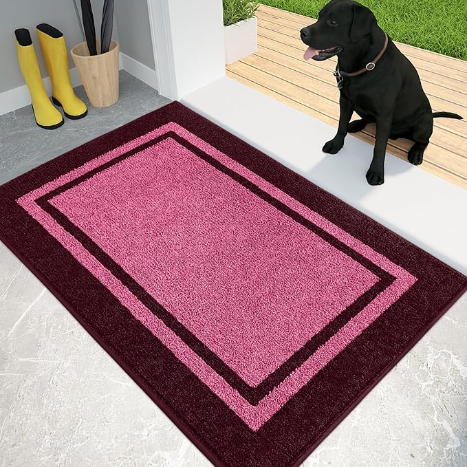 PURRUGS Dirt Trapping Door Mat 24" x 36", Non-Slip/Skid Machine Washable Entryway Rug, Shoes Scraper, Area Rug, Super Absorbent Welcome Mat for Muddy Wet Shoes and Paws, Pink & Burgundy Red