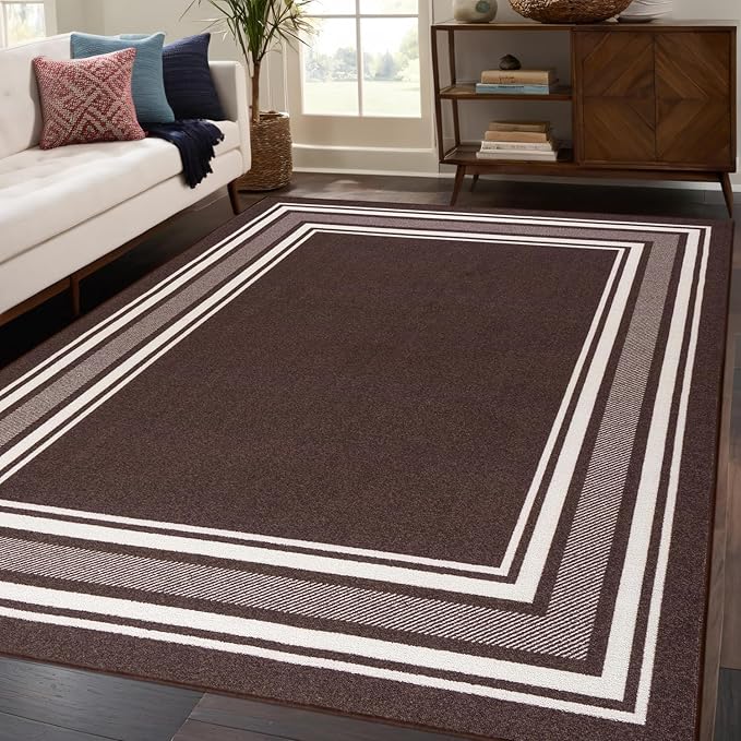 Beverly Rug Non Slip Area Rugs 8x10 Modern Bordered Non Skid Rubber Backing Soft Area Rug for Living Dining Room Easy to Clean Non Shedding Kitchen Bedroom Indoor Carpet 8 x 10 Brown